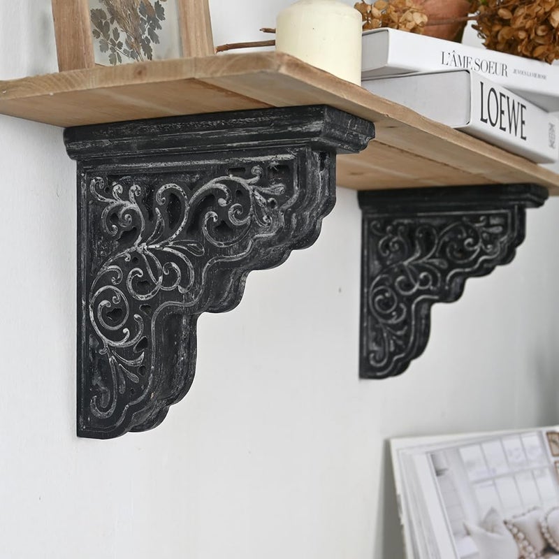 Chadechimo Set of 2 Corbels for Shelves Decorative Shelf Brackets Wood Corbels Farmhouse Shelf Corbels Distressed Decorative Shelf Brackets Floating Shelves Brackets for Home Decor(Black) - Image 4